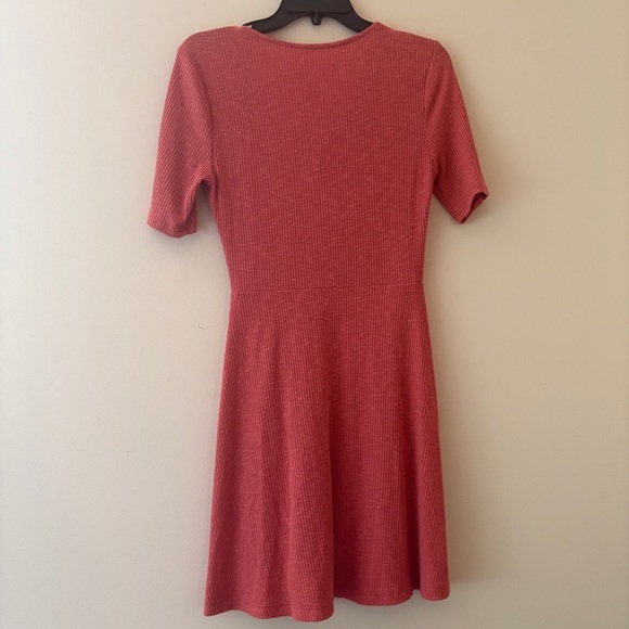 Lush Button Front Fit & Flare Dress Burnt Orange Ribbed Knit Short Sleeve Small - Picture 2 of 3